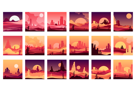 Vector set of cards with western desert landscapes with silhouettes of rocky mountains, cactus plants and sunset sunrise. Design in gradient colorsのイラスト素材