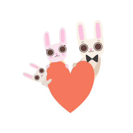 Happy Family of Bunnies with Red Heart, Father, Mother and Baby Rabbits, Cute Cartoon Hares Characters Vector Illustration on White Background.のイラスト素材