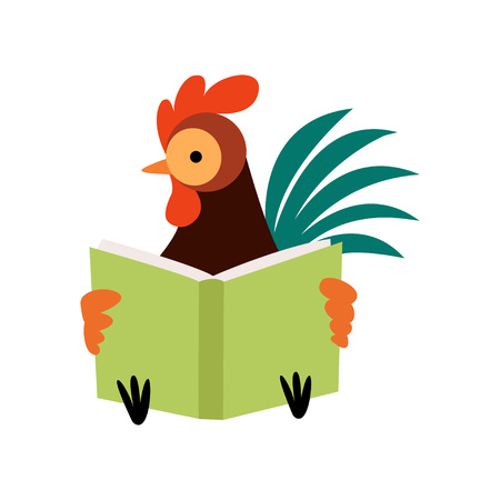 Colorful Rooster Reading Book, Farm Cock Cartoon Character Vector Illustration on White Background.のイラスト素材