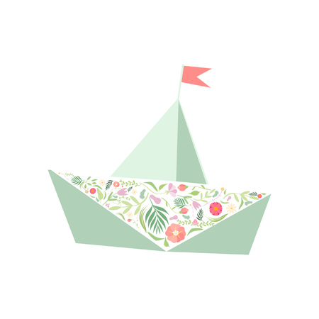 Folded Paper Boat Decorated with Floral Seamless Pattern Vector Illustration on White Background.のイラスト素材