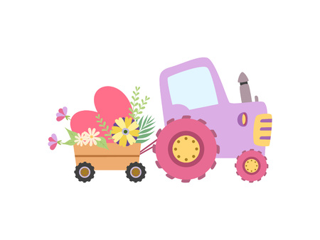 Cute Colorful Tractor with Cart Full of Flowers Vector Illustration on White Background.のイラスト素材