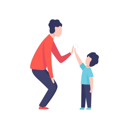 Dad and His Son Giving High Five to Each Other, Father Having Good Time with His Kid Vector Illustration on White Background.のイラスト素材
