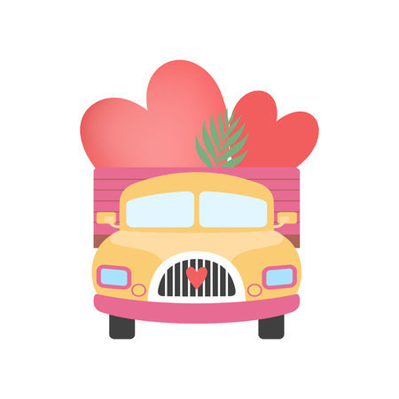 Cute Truck Full of Red Hearts, Front View Vector Illustration on White Background.のイラスト素材