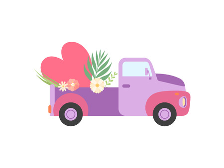 Cute Colorful Truck with Heart and Flowers Vector Illustration on White Background.のイラスト素材