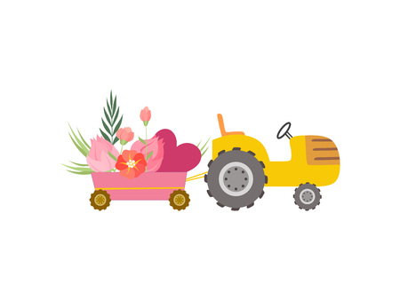 Cute Yellow Tractor with Cart with Hearts and Flowers, Colorful Agricultural Farm Transport Vector Illustration on White Background.のイラスト素材