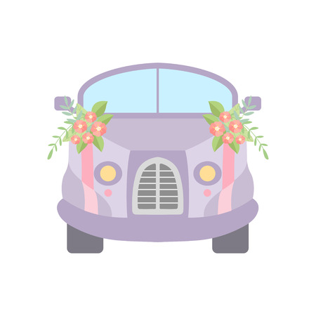 Cute Vintage Car Decorated with Flowers, Romantic Wedding Retro Auto, Front View Vector Illustration on White Background.のイラスト素材