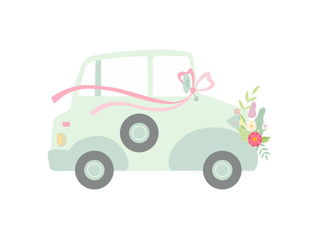 Vintage Car Decorated with Bow and Flowers, Wedding Retro Auto, Side View Vector Illustration on White Background.のイラスト素材