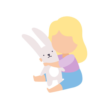 Cute Little Blonde Girl Playing Hugging Stuffed Toy Bunny Vector Illustrationのイラスト素材