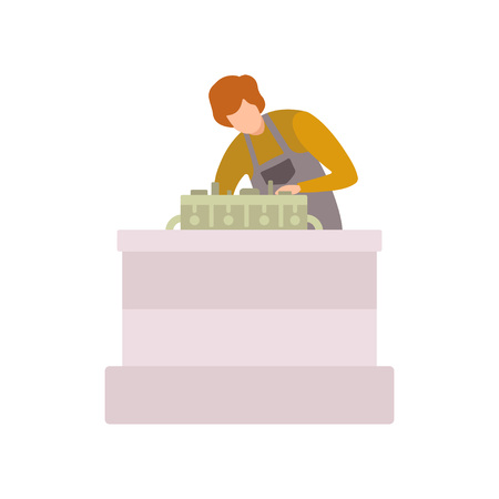 Professional Auto Mechanic Character in Uniform Working In Car Repair Service with Tools Vector Illustration on White Background.のイラスト素材