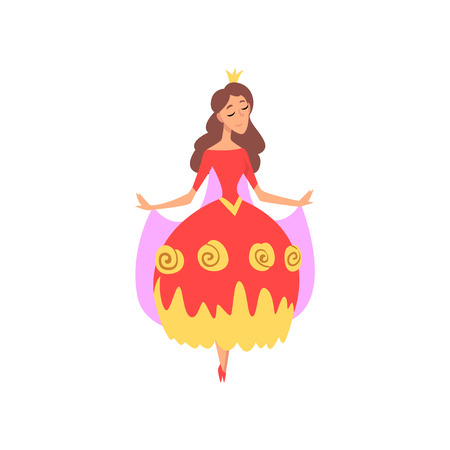 Cute Beautiful Princess in Red Dress, Fairytale or Medieval Character Vector Illustration on White Background.のイラスト素材