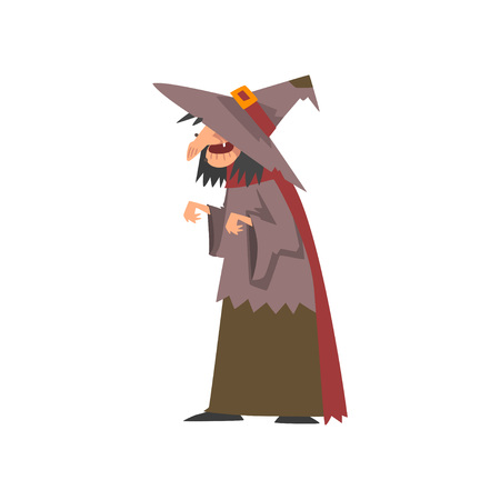 Old Witch in Shabby Clothes and Pointed Hat Vector Illustration on White Background.のイラスト素材