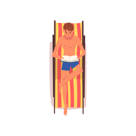 Young Man Sunbathing on Beach Towel, Top View of Lying Guy in Blue Shorts Vector Illustration on White Background.のイラスト素材