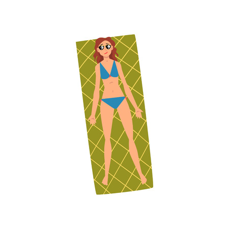 Young Woman Sunbathing on Beach Towel, Top View of Lying Girl in Blue Bikini Vector Illustration on White Background.のイラスト素材