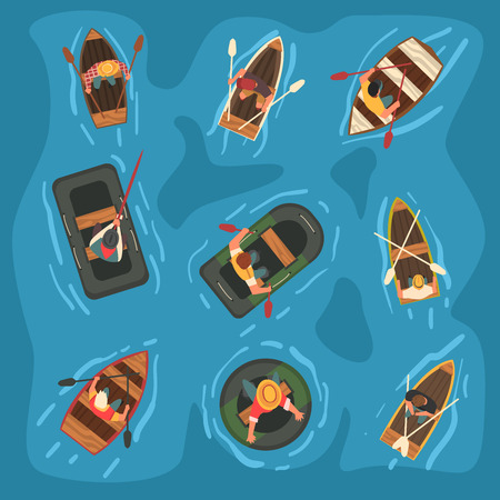 Collection of Men Rowing Wooden and Rubber Inflatable Boats in the Sea, Top View Vector Illustration, Cartoon Styleのイラスト素材