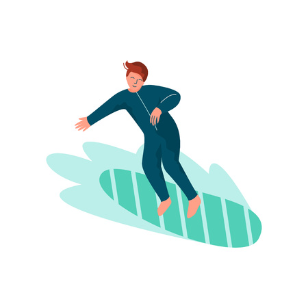 Male Surfer Riding Surfboard, Man Doing Sports and Relaxing on Beach, Summer Outdoors Activities Vector Illustration on White Background.のイラスト素材