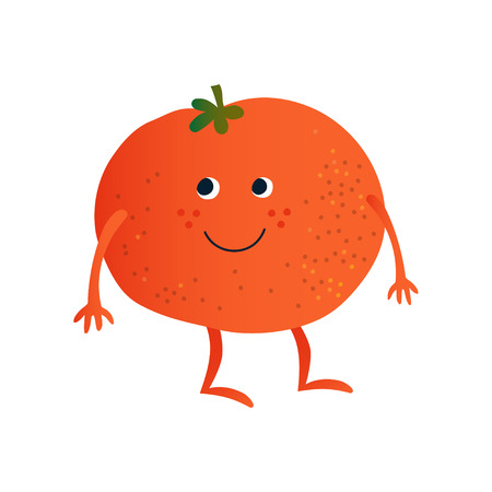 Cute Ripe Tomato, Funny Vegetable Cartoon Character with Funny Face Vector Illustration on White Background.のイラスト素材