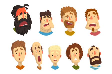 Set of male portraits with surprised and shocked facial expressions. Young guys and adult men. Cartoon people characters. Colorful flat vector illustration isolated on white background.のイラスト素材