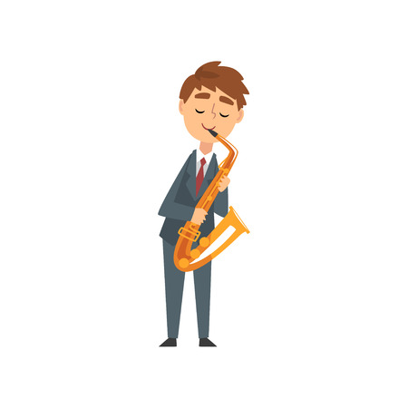 Boy Playing Saxophone, Talented Young Saxophonist Character Playing Acoustic Musical Instrument, Concert of Classical Music Vector Illustration on White Background.のイラスト素材