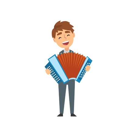 Boy Playing Accordion, Talented Young Accordionist Character Playing Acoustic Musical Instrument at Concert Vector Illustration on White Background.のイラスト素材