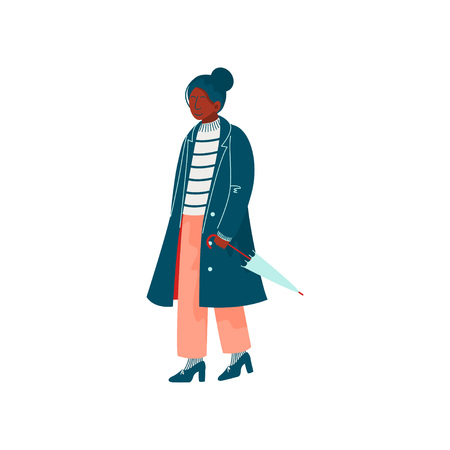 Beautiful Woman Dressed in Stylish Seasonal Clothes Walking with Umbrella Vector Illustration on White Background.のイラスト素材