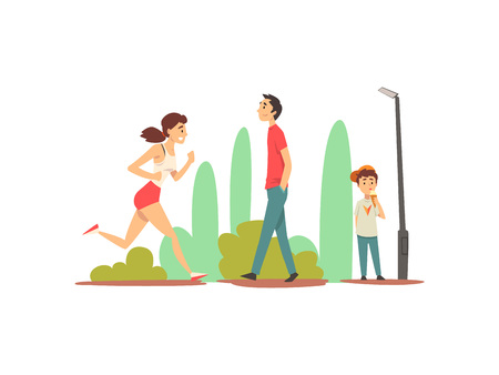 People Relaxing and Doing Sports in Park, Sportive Girl Running, Young Man Walking, Cute Boy eating Ice Cream Vector Illustration on White Background.のイラスト素材
