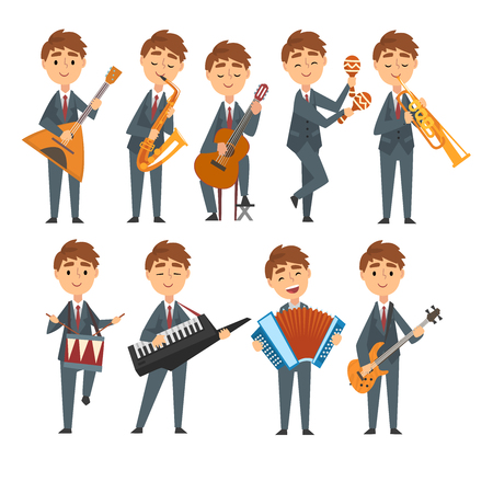 Musicians Boys Playing Different Musical Instruments Set, Talented Children Characters Playing Balalaika, Saxophone, Guitar, Maracas, Drum, Synthesizer, Trumpet, Accordion Vector Illustrationのイラスト素材