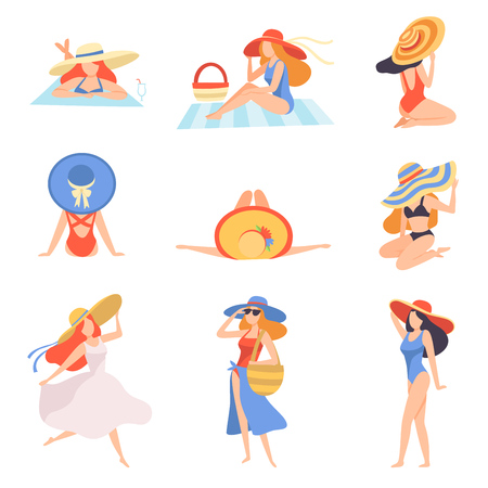 Girls in Swimwear and Hats Sunbathing on Beach, Back View, Beautiful Young Woman Enjoying Summer Vacation on Seashore Vector Illustration on White Background.のイラスト素材