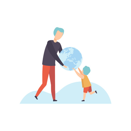 Young Man and Cute Boy Holding Terrestrial Globe, Father Giving Earth Globe to His Son Vector Illustration on White Background.のイラスト素材