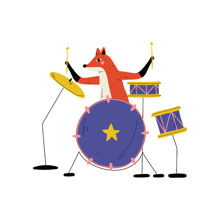 Fox Playing Drums, Cute Cartoon Animal Musician Character Playing Percussion Musical Instrument Vector Illustrationのイラスト素材