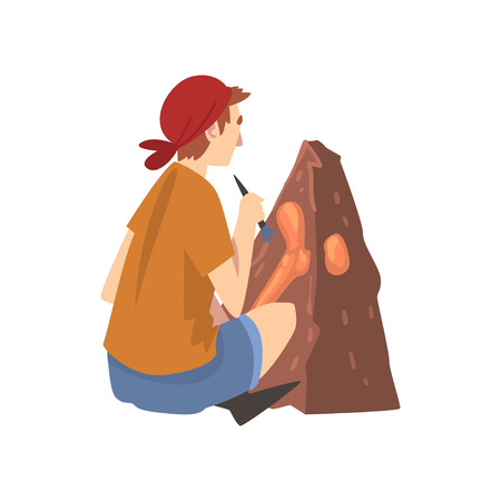 Male Archaeologist Sitting on Ground and Sweeping Dirt from Bones of Skeleton Using Brush, Paleontology Scientist Working on Excavations Vector Illustrationのイラスト素材