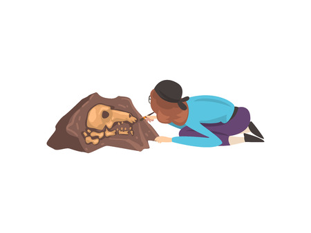 Female Archaeologist Sweeping Dirt from Bones of Skeleton Using Brush, Paleontology Scientist Working on Excavations Vector Illustrationのイラスト素材