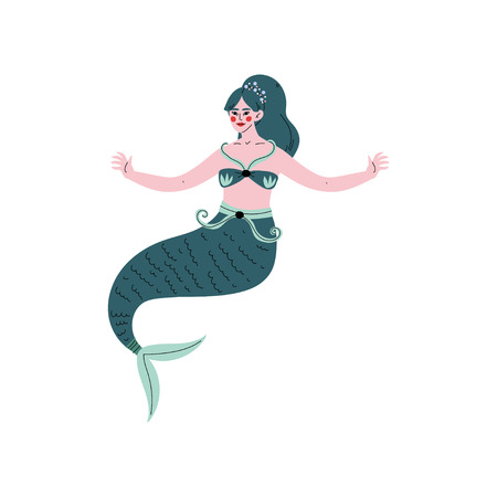 Beautiful Mermaid or Siren with Green Hair and Tail Vector Illustration on White Background.のイラスト素材