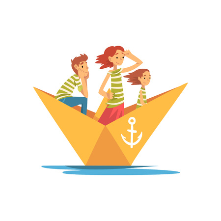 Father, Mother and Child in Green White Striped T-Shirts Boating on River, Lake or Pond, Family Paper Boat Vector Illustration on White Background.のイラスト素材