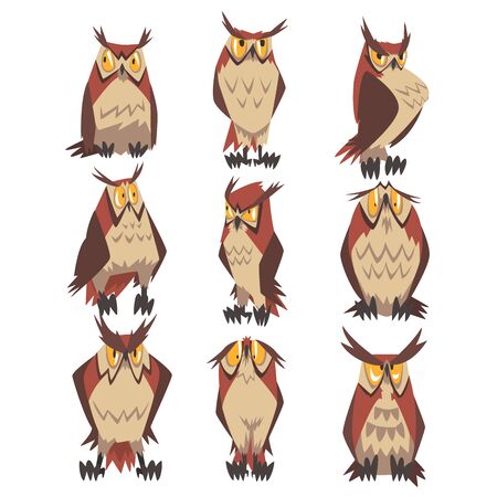 Collection of Great Horned Owls Birds Characters, Eurasian Eagle Owls Vector Illustration on White Background.のイラスト素材