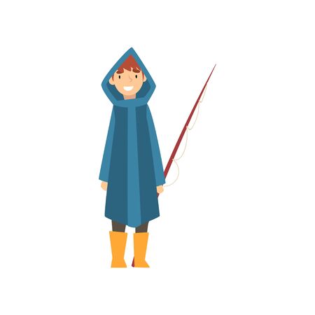 Cute Smiling Boy in Raincoat with Fishing Rod, Little Fisherman Cartoon Character Vector Illustration on White Background.のイラスト素材