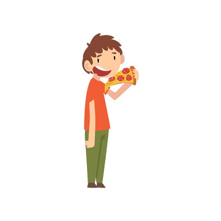 Cute Boy Eating Pizza, Child Enjoying Eating of Fast Food Vector Illustration on White Background.のイラスト素材