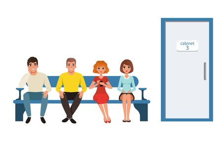 People Waiting in Line in Clinic Corridor, Queue of Four People Sitting on Bench Vector Illustration on White Background.のイラスト素材