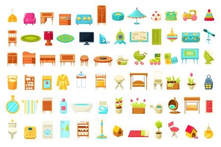 Collection of Home Furniture, Home Interior Decorations Elements of Living Room, Bedroom, Bathroom, Childrens Room Vector Illustration, Web Designのイラスト素材