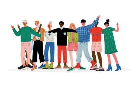 Group of People Hugging, Male and Female Friends of Different Nationalities Standing Together Celebrating Event Vector Illustration on White Background.のイラスト素材