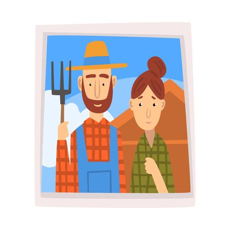 Family Portrait, Photo of Farmer and His Wife Vector Illustration on White Background.のイラスト素材