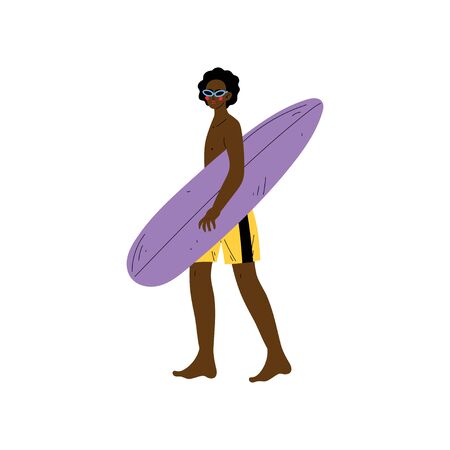 Male Surfer Walking with Surfboard, African American Young Man Enjoying Summer Vacation Vector Illustration on White Background.のイラスト素材