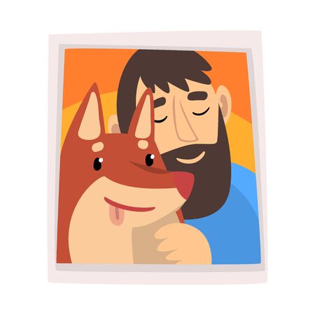 Portrait of Man and His Dog, Photo of Happy Smiling Owner and His Pet Vector Illustration on White Background.のイラスト素材