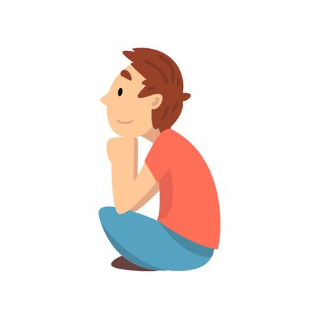 Cute Boy Sitting on Floor and Listening, Little Preschool Kid Character , Side View Vector Illustrationのイラスト素材