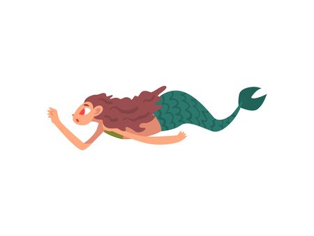 Cute Funny Little Mermaid Swimming, Fairytale Mythical Creature Cartoon Character Vector Illustration on White Background.のイラスト素材