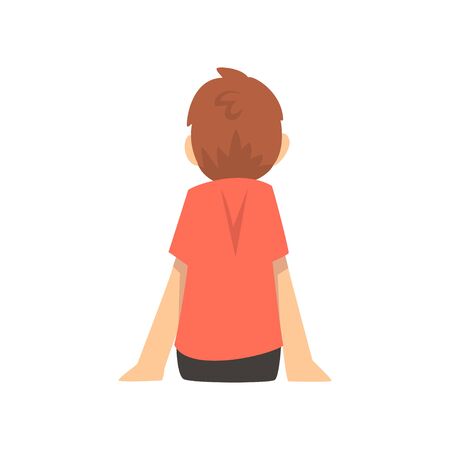 Boy Sitting on Floor, Little Preschool Kid Character, View From Behind Vector Illustration on White Background.のイラスト素材