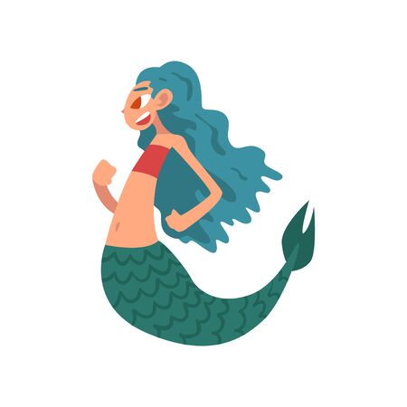 Cute Funny Little Mermaid with Turquoise Hair, Fairytale Mythical Creature Cartoon Character Vector Illustration on White Background.のイラスト素材