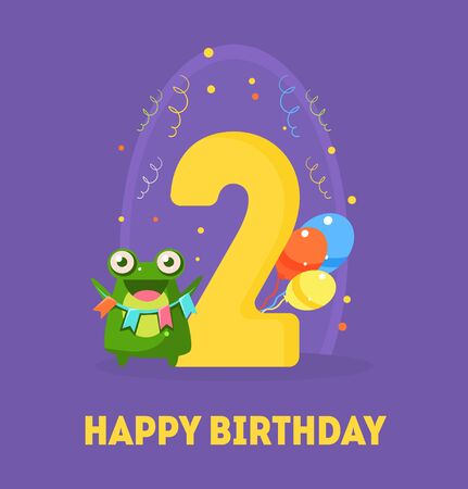 Happy Birthday 2 Years Banner Template, Birthday Anniversary Number Bright Festive Vector Illustration with Cute Animalのイラスト素材