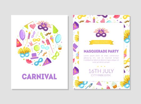 Carnival, Masquerade Party Banner, Flyer or Invitation Card Template with Place for Text, Two Sides Vector Illustrationのイラスト素材