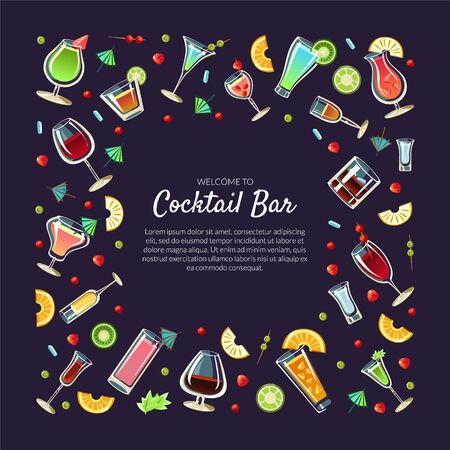 Welcome to Cocktail Bar Banner Template with Place for Text, Alcoholic Beverages, Restaurant, Cafe, Party Invitation, Card, Flyer Vector Illustrationのイラスト素材