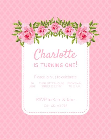 Pink Baby Girl Birthday Invitation Card is Turning One with Flowers and Text, Vector Vector Illustration, Web Design.のイラスト素材